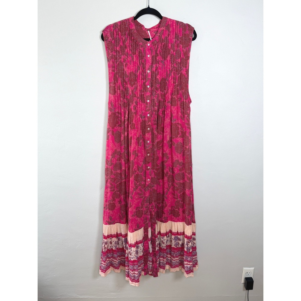 Free People Maxi Dress Womens L Pink Floral Boho Sleeveless Summer Flowy Hippie